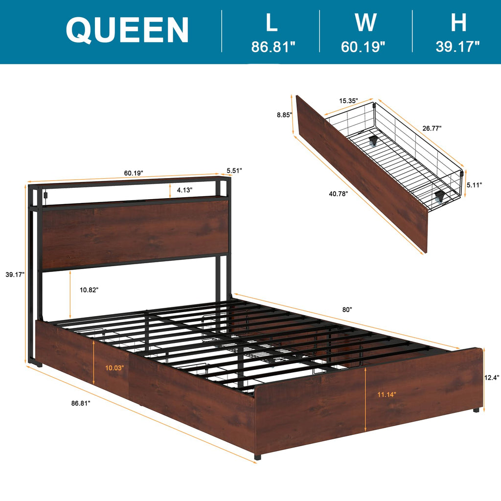 Queen Size Bed Frame with 4 Storage Drawers S345611