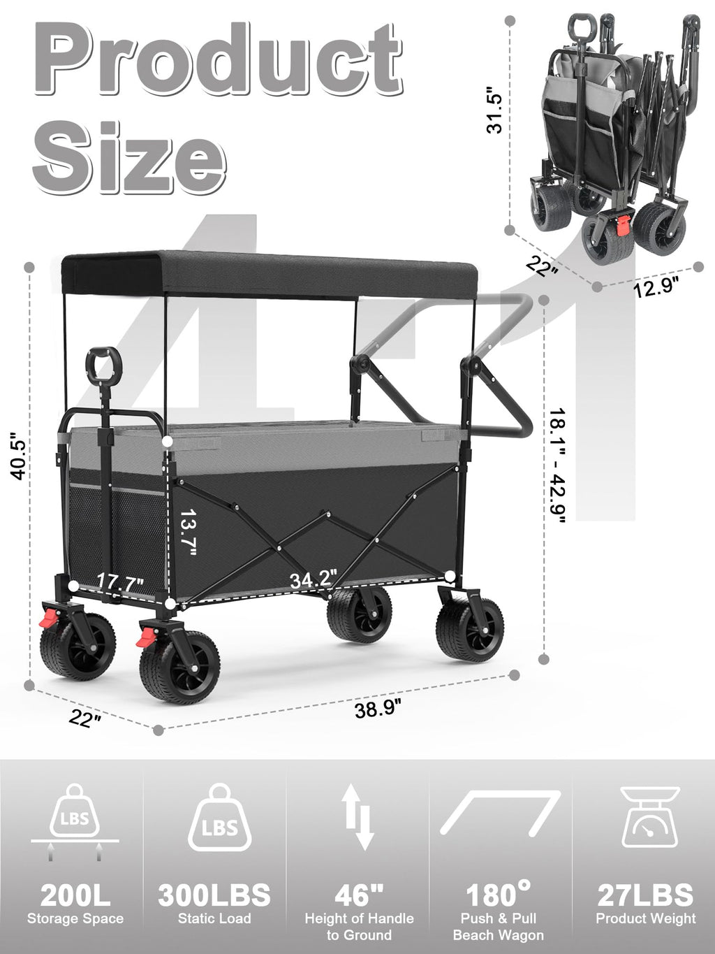 Collapsible Wagon with Canopy Black X8691