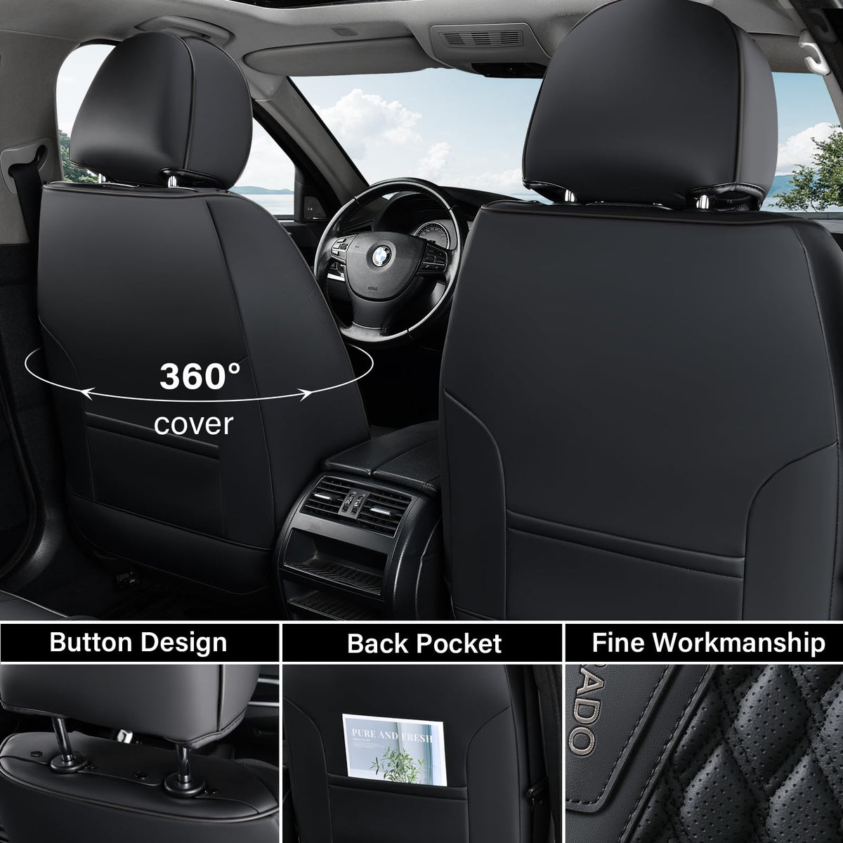 Black 5 Seats Nappa Leather Car Seat Covers Full Set V591