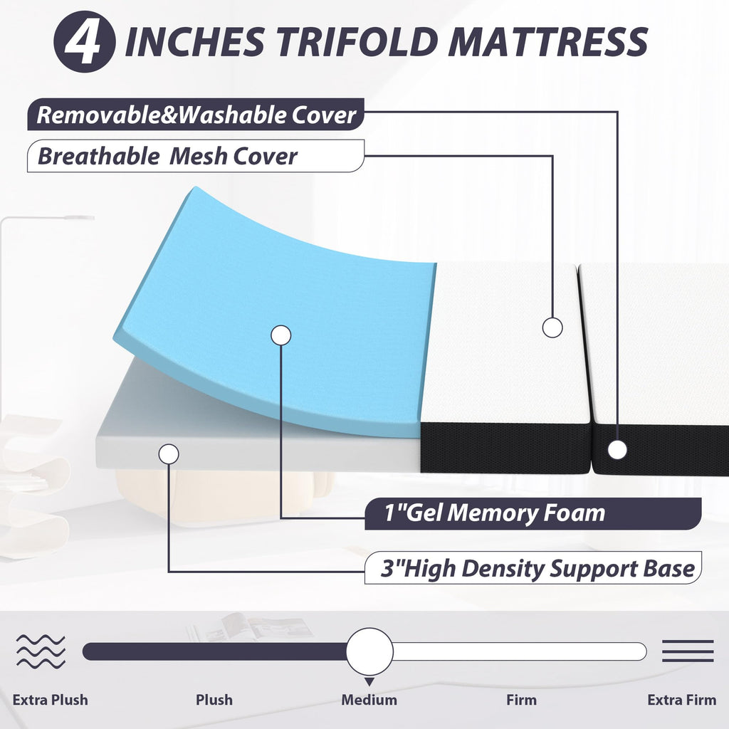 Tri-Fold Gel Memory Foam Mattress with Washable Cover, 3 Inch Queen W8666