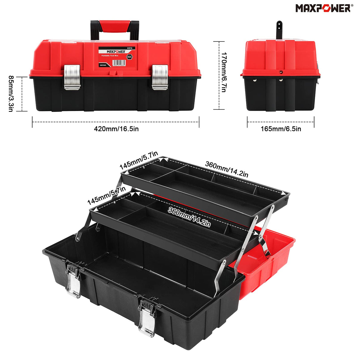 16-Inch Three-Layer Folding Plastic Tool Box with Tray and Dividers R137011