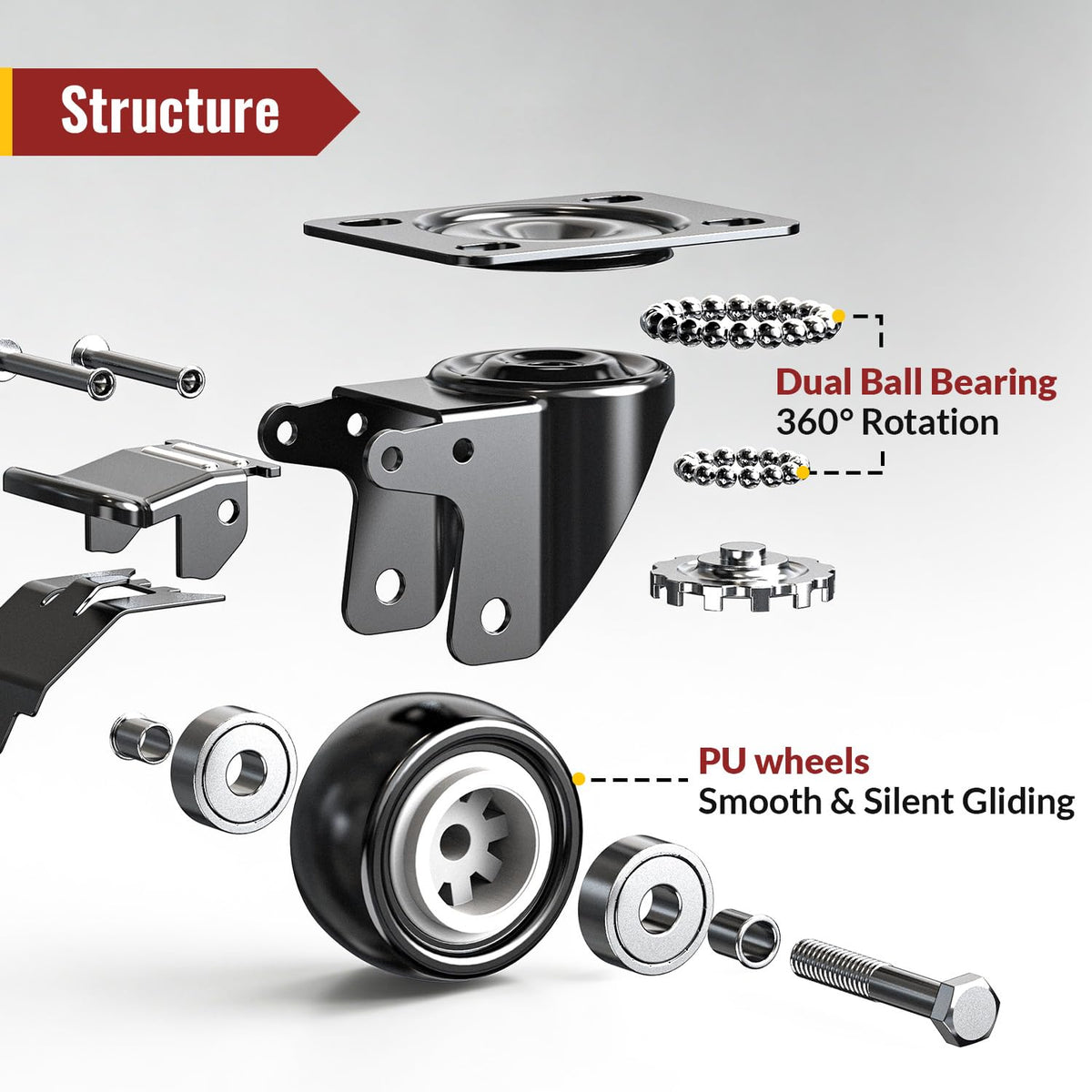 2 Inch Heavy Duty PU Caster Wheels, Set of 4 P9333