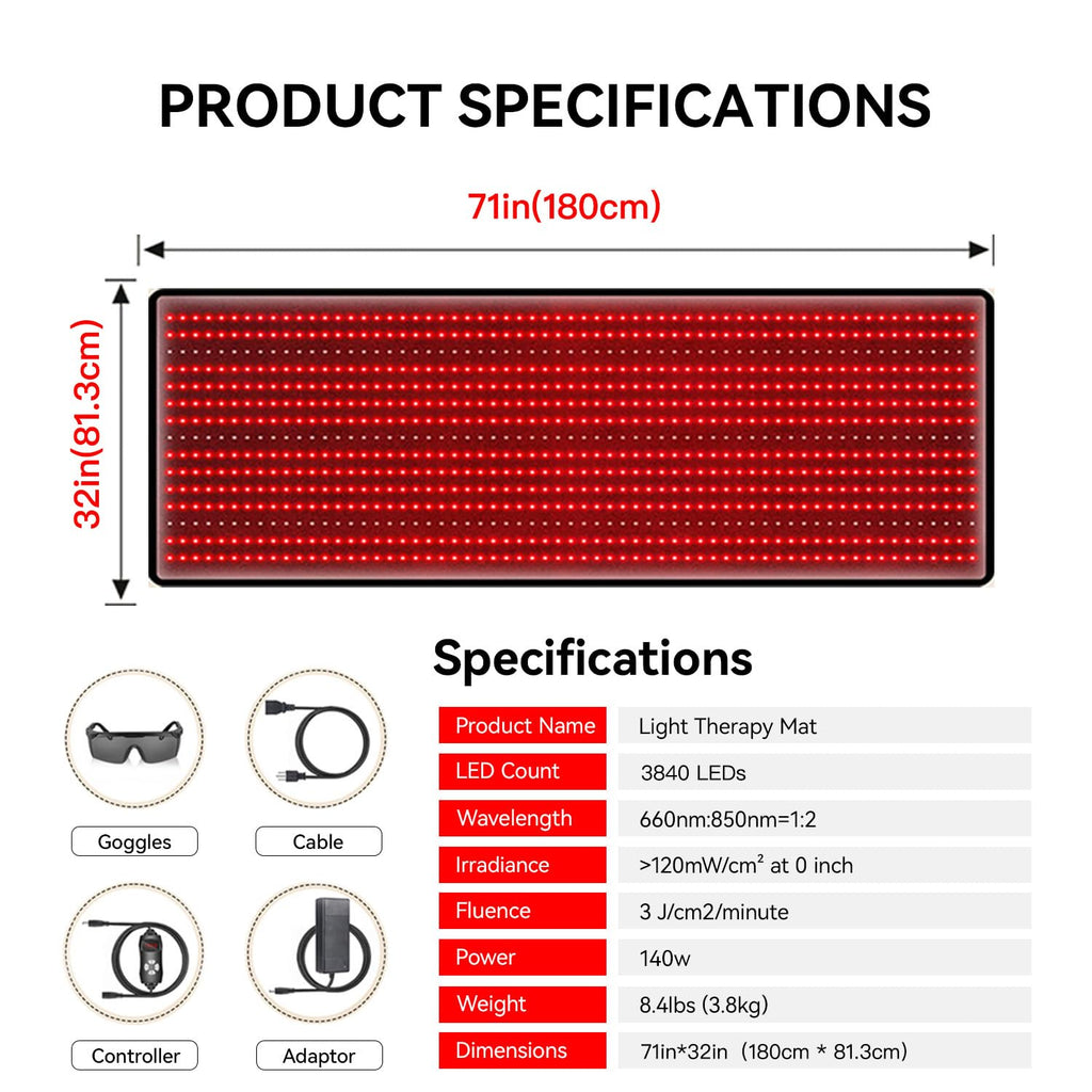 Red Light Therapy Mat 3840pcs LED 660nm 850nm 71''x 32'' W9501