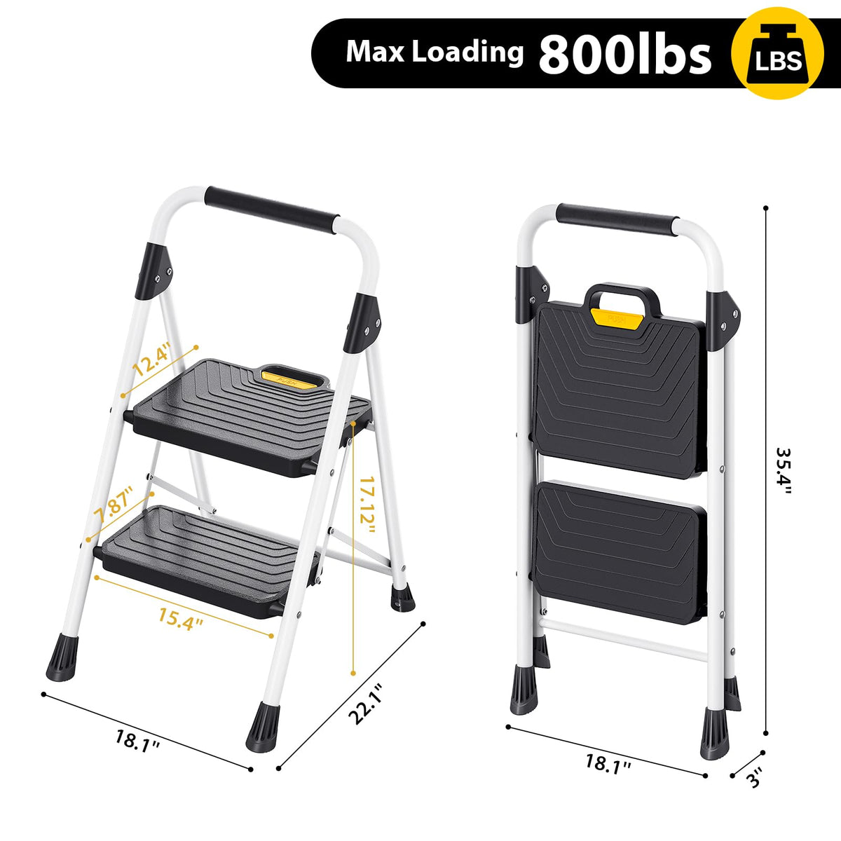 2 Step White Folding Ladder with Anti-Slip Pedals W654093