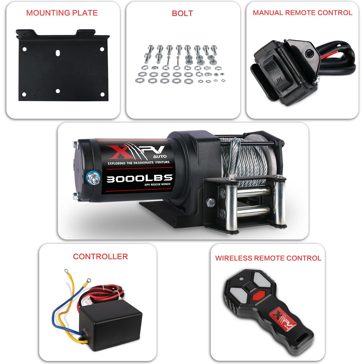 3000 lb 12V DC Electric Winch with Wireless Remote and Corded Control J201