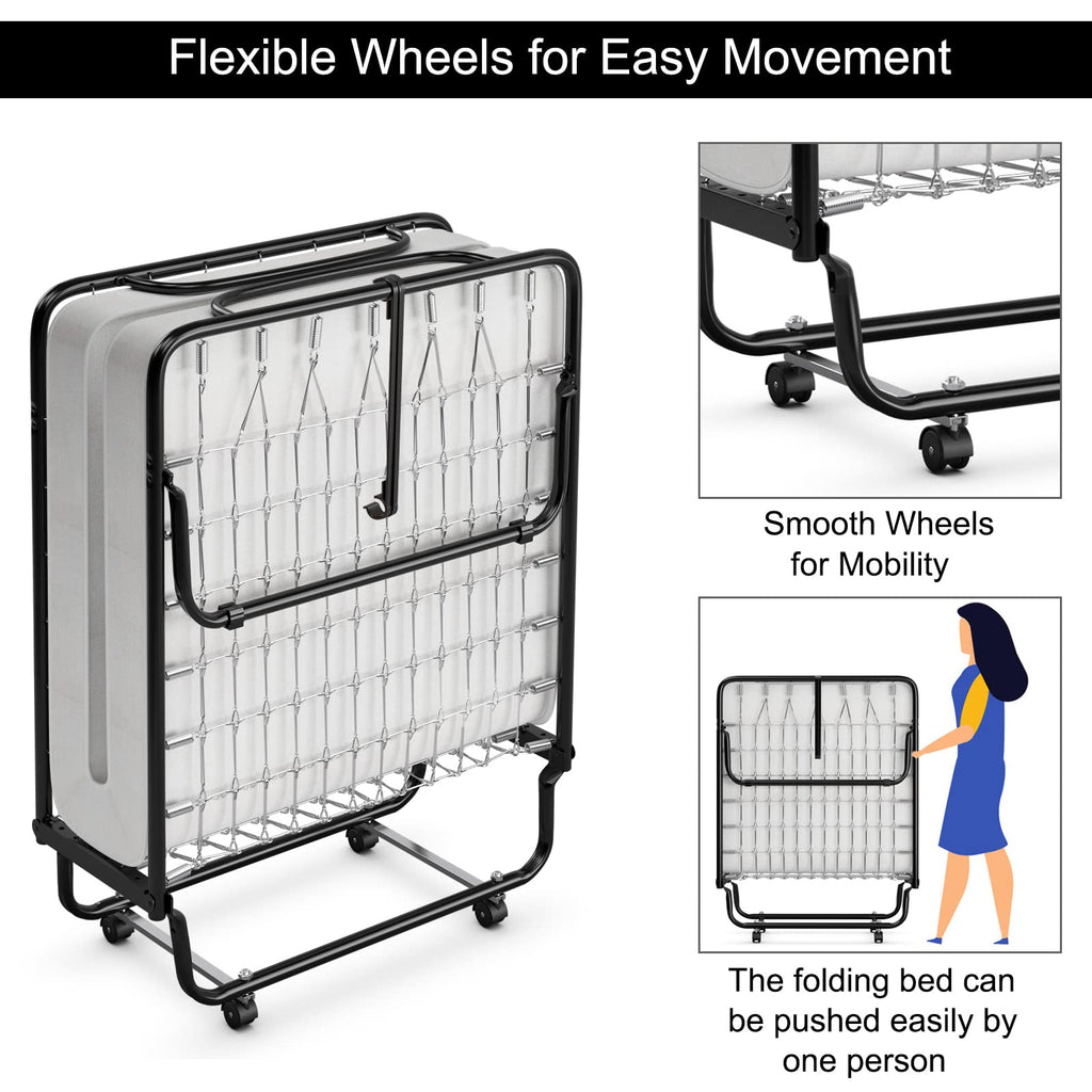Folding Bed with Memory Foam Mattress and Metal Frame on Wheels X3481
