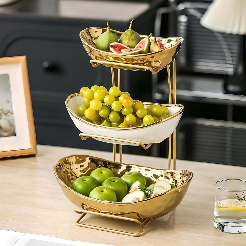 3-Tier Gold Fruit Bowl & Tray with Metal Stand A516