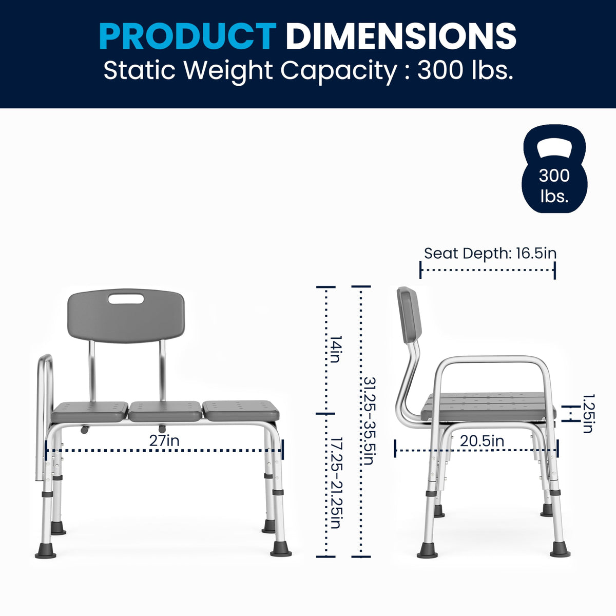 Adjustable Gray Bath & Shower Transfer Bench with Back and Side Arm Y217