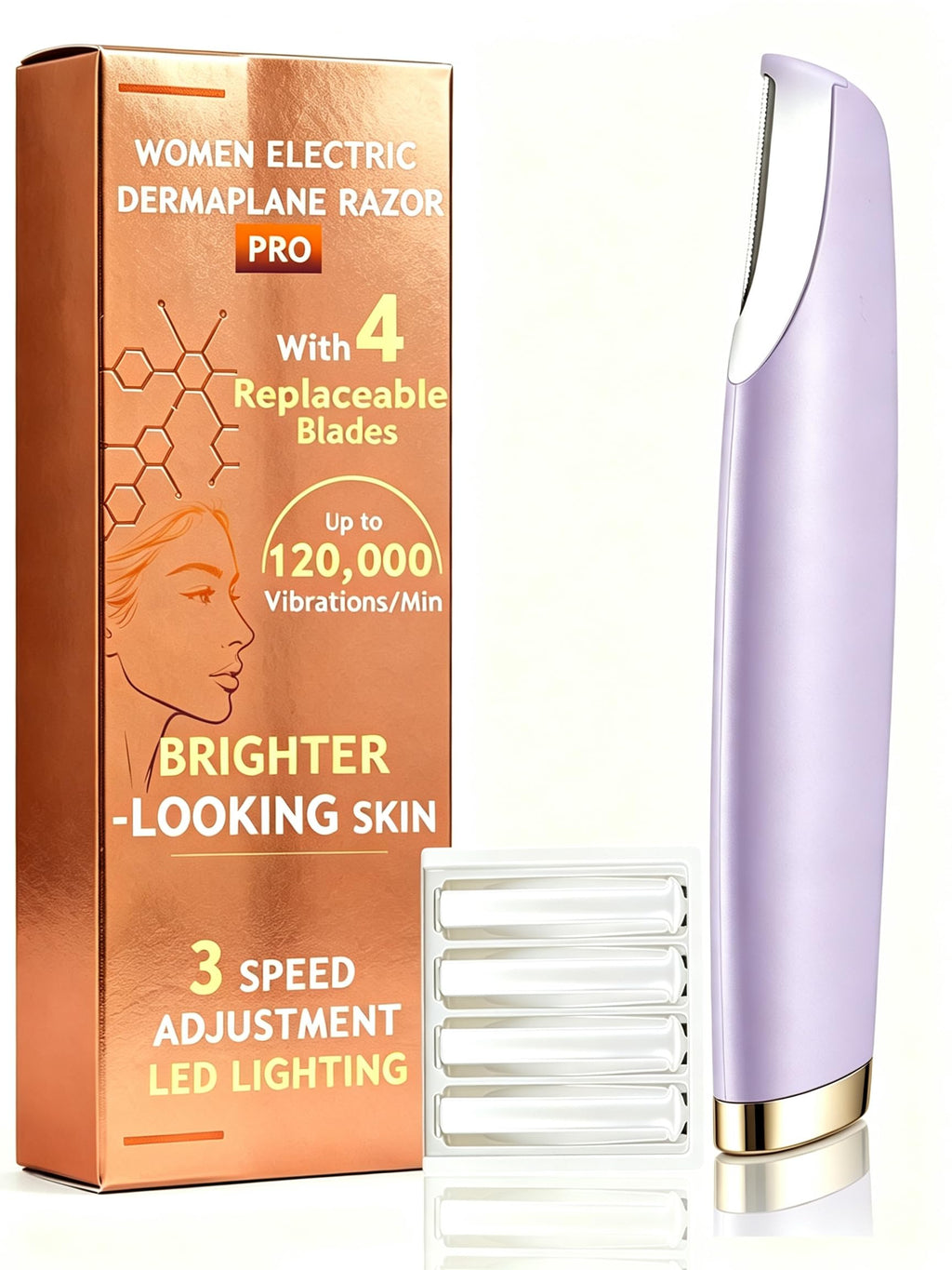 Sonic Facial Hair Remover with LED Light, 4 Replacement Blades C18827