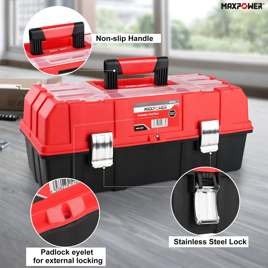 16-Inch Three-Layer Folding Plastic Tool Box with Tray and Dividers R137011