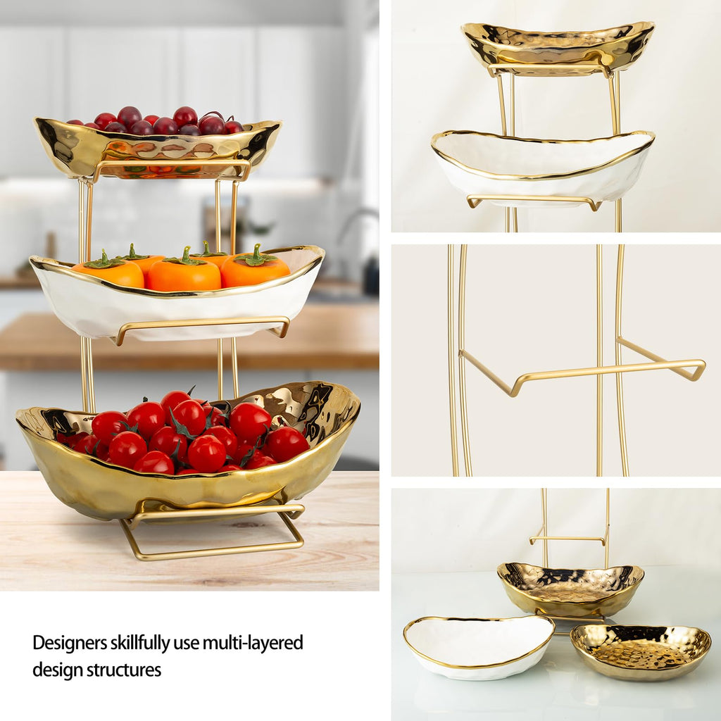 3-Tier Gold Fruit Bowl & Tray with Metal Stand A516