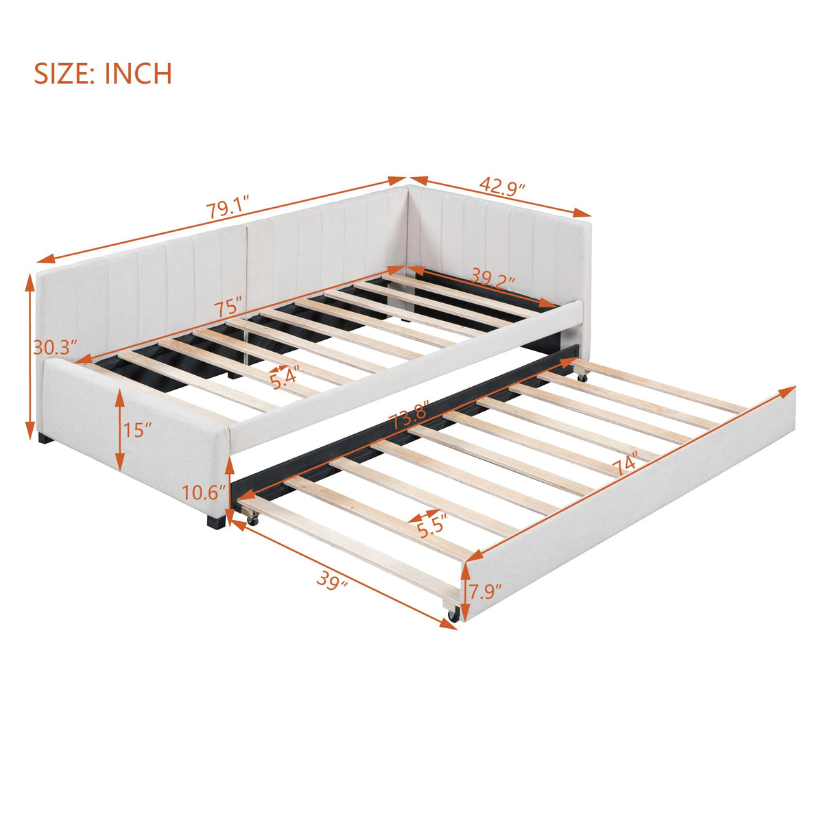 Twin Size Upholstered Daybed with Trundle Linen Fabric Wooden Sofa Bed Frame B69326