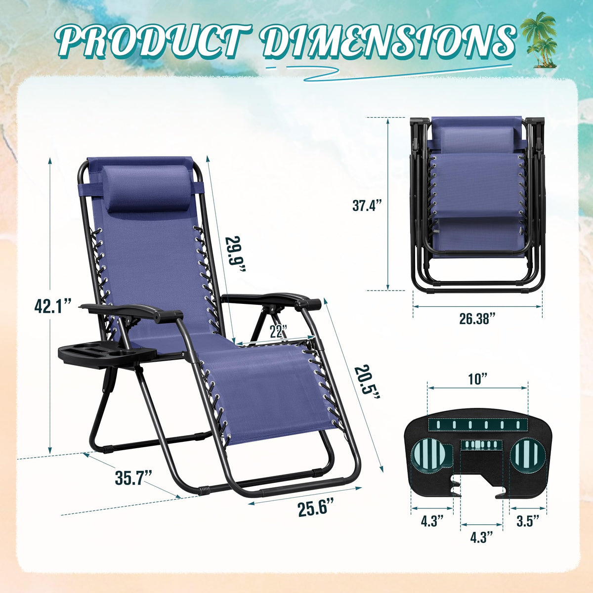 Zero Gravity Chair with Cup Holder Pillows Set of 2 Blue J3344