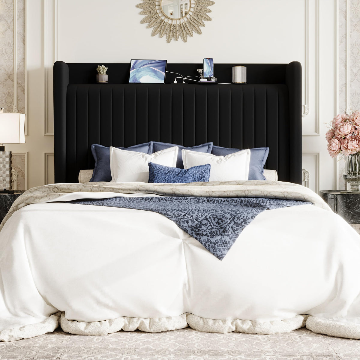 Queen Size Black Velvet Bed Frame with Shelf Z619