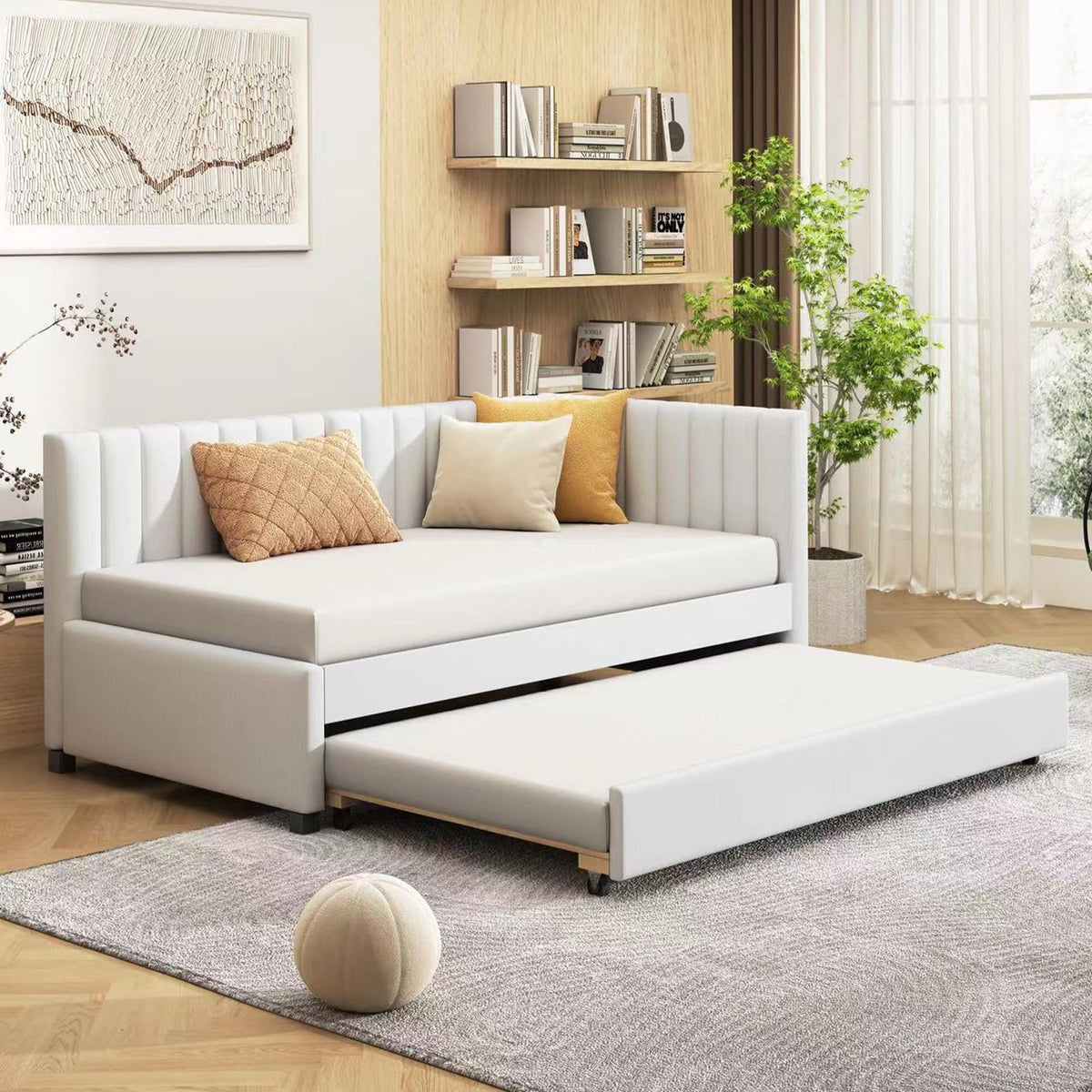 Twin Size Upholstered Daybed with Trundle Linen Fabric Wooden Sofa Bed Frame B69326