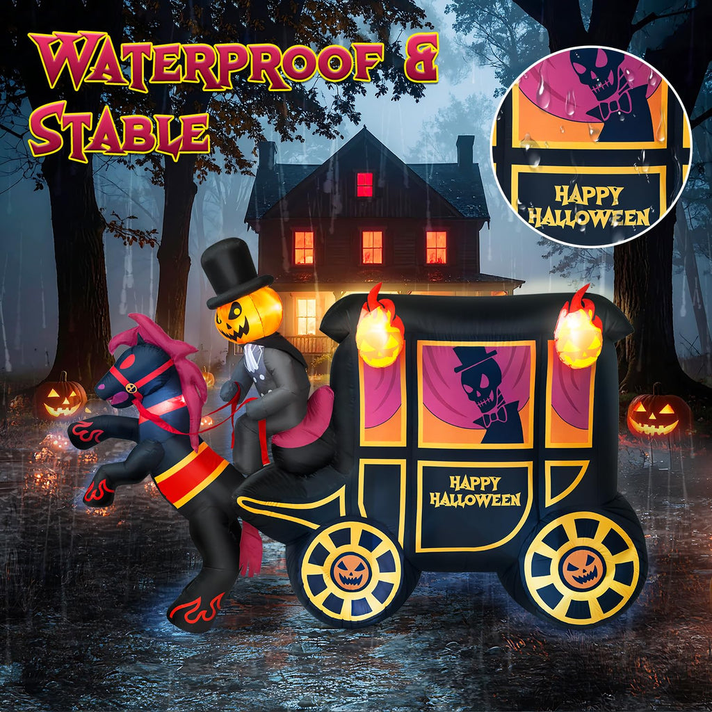 10FT Halloween Inflatable Pumpkin-Headed Horse Carriage with LED Light V20847