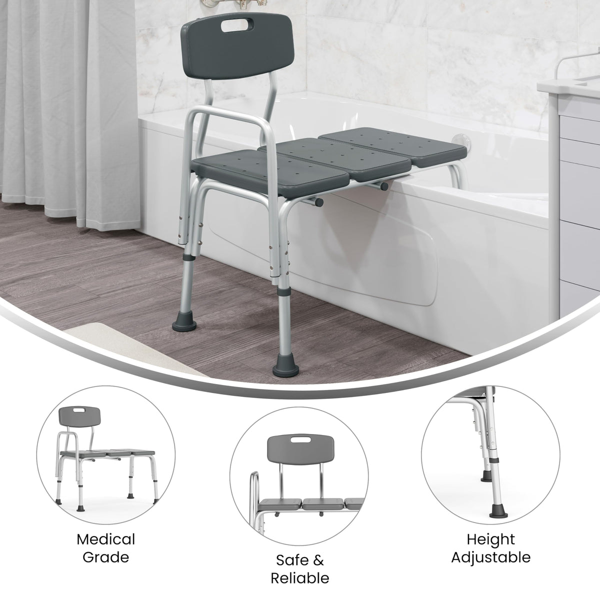 Adjustable Gray Bath & Shower Transfer Bench with Back and Side Arm Y217