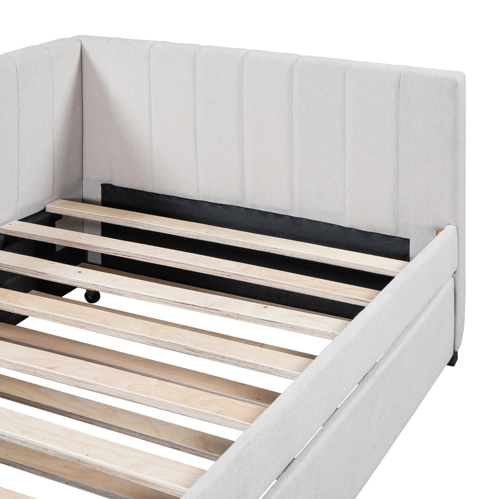 Twin Size Upholstered Daybed with Trundle Linen Fabric Wooden Sofa Bed Frame B69326