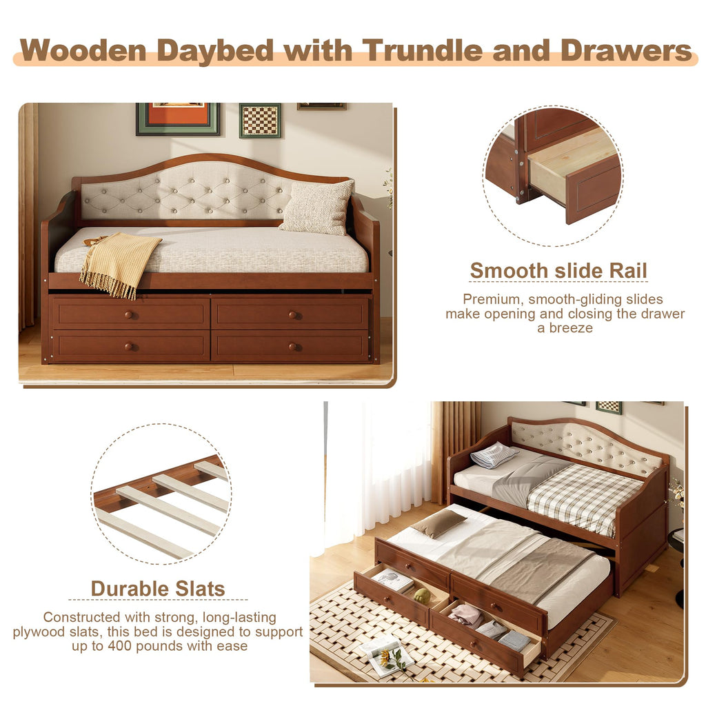 Twin Size Wooden Daybed with Trundle & Storage Drawers U953