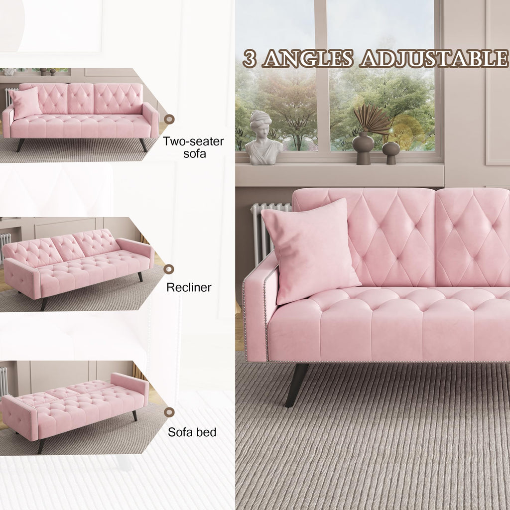 Pink Velvet Convertible Sofa Bed with Cup Holders A735