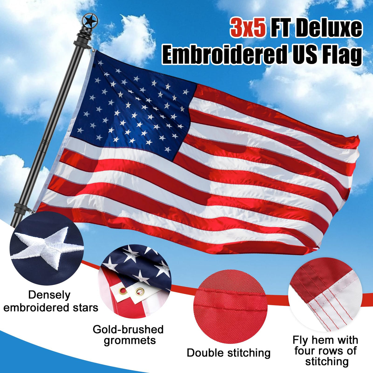 5ft Stainless Steel Flagpole with 3x5 Embroidered US Flag S205175