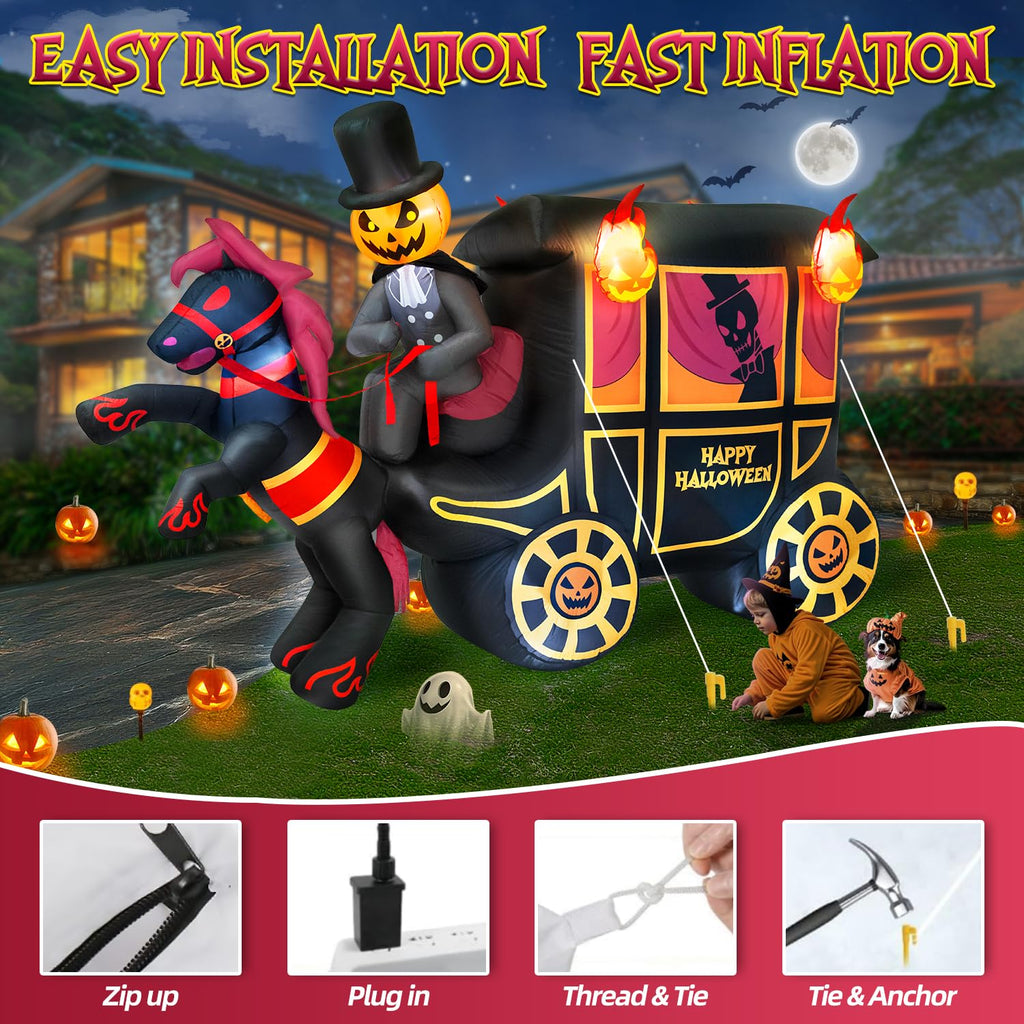10FT Halloween Inflatable Pumpkin-Headed Horse Carriage with LED Light V20847
