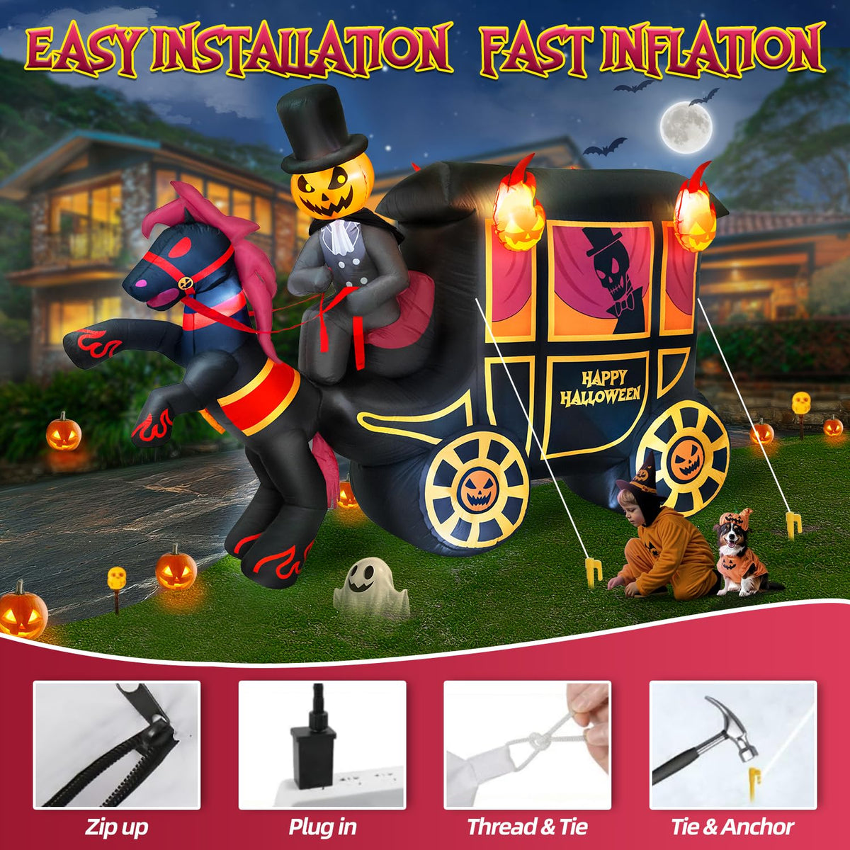 10FT Halloween Inflatable Pumpkin-Headed Horse Carriage with LED Light V20847