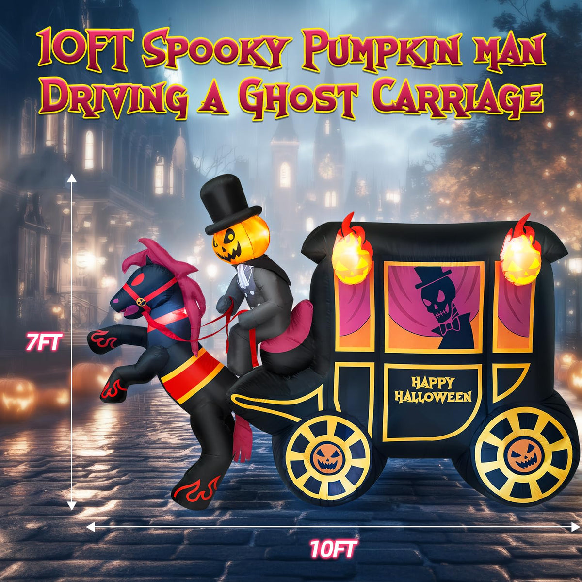 10FT Halloween Inflatable Pumpkin-Headed Horse Carriage with LED Light V20847