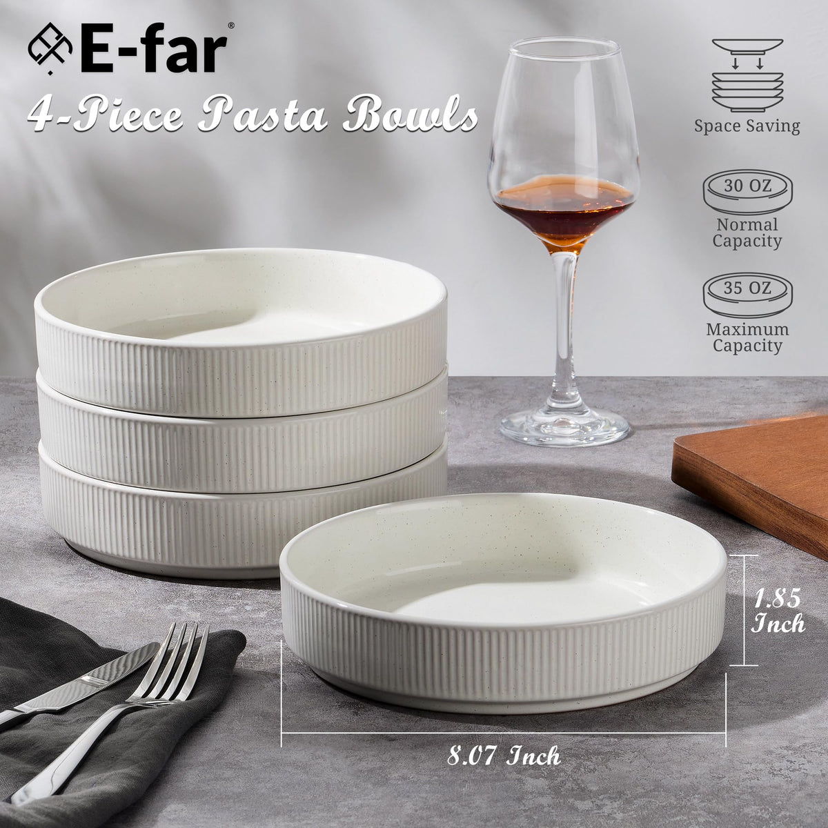 Pasta Bowls Set of 4, 35oz Ceramic, White, 8" U625562
