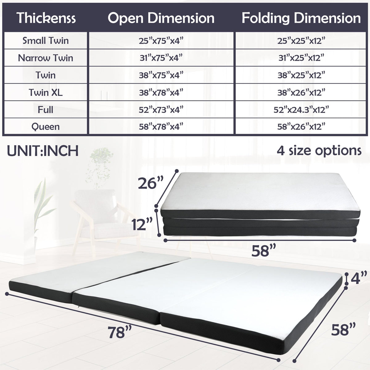 Tri-Fold Gel Memory Foam Mattress with Washable Cover, 3 Inch Queen W8666