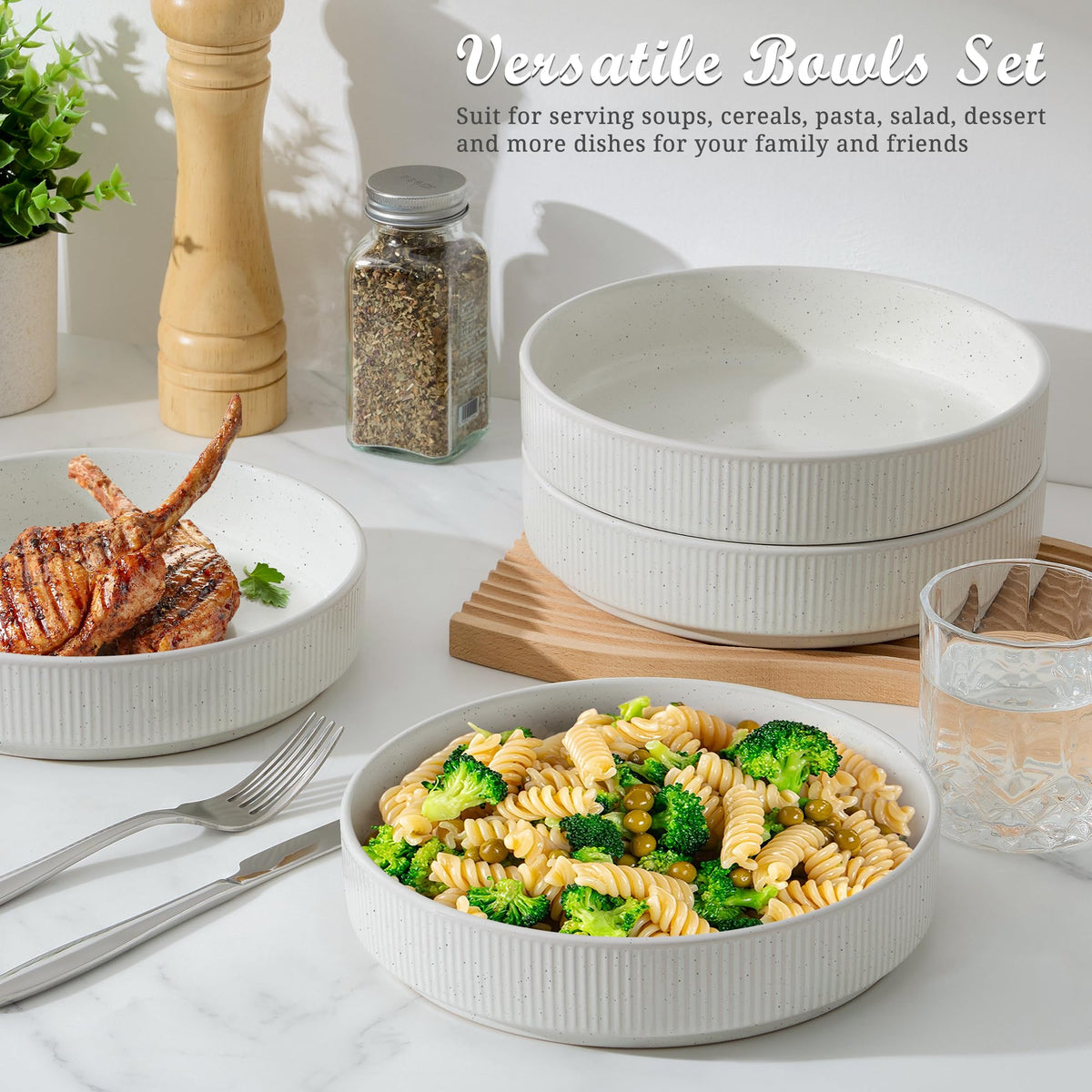 Pasta Bowls Set of 4, 35oz Ceramic, White, 8" U625562