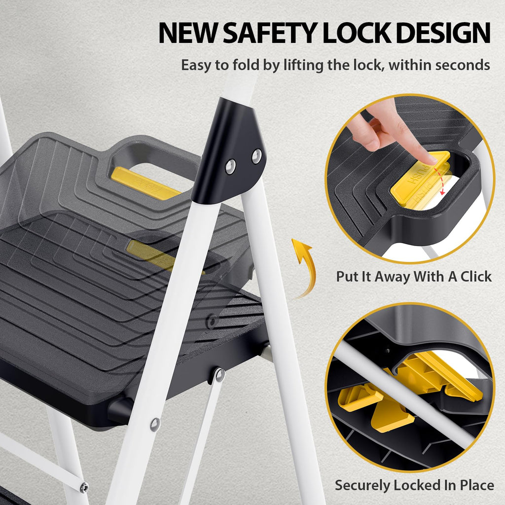 2 Step White Folding Ladder with Anti-Slip Pedals W654093