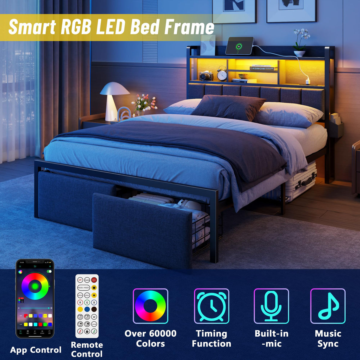 Full Size Bed Frame with Headboard and Drawers Y50373