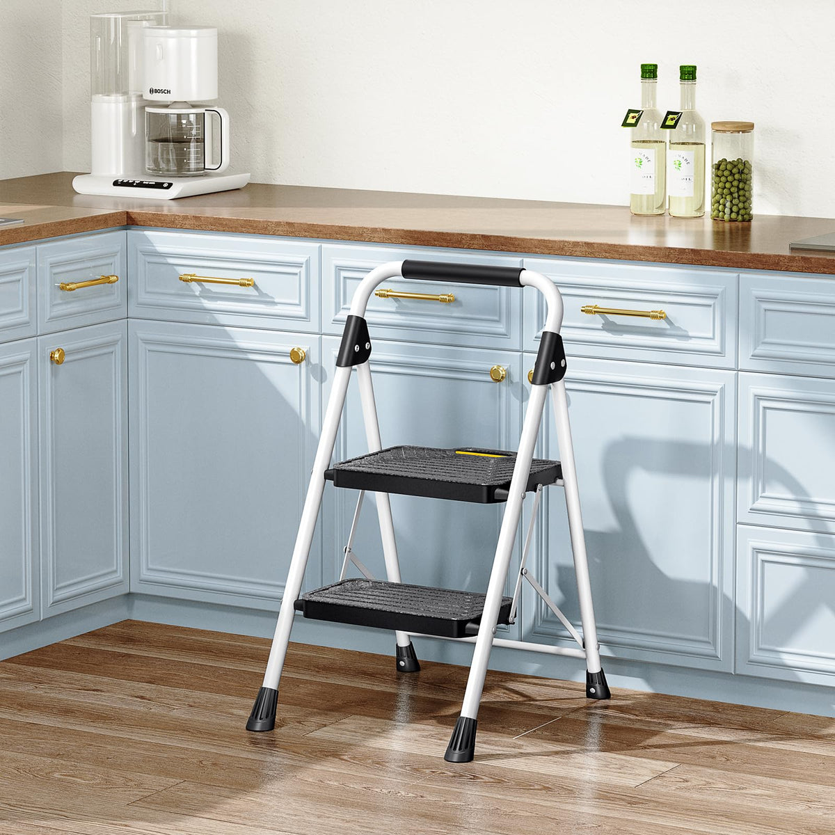 2 Step White Folding Ladder with Anti-Slip Pedals W654093