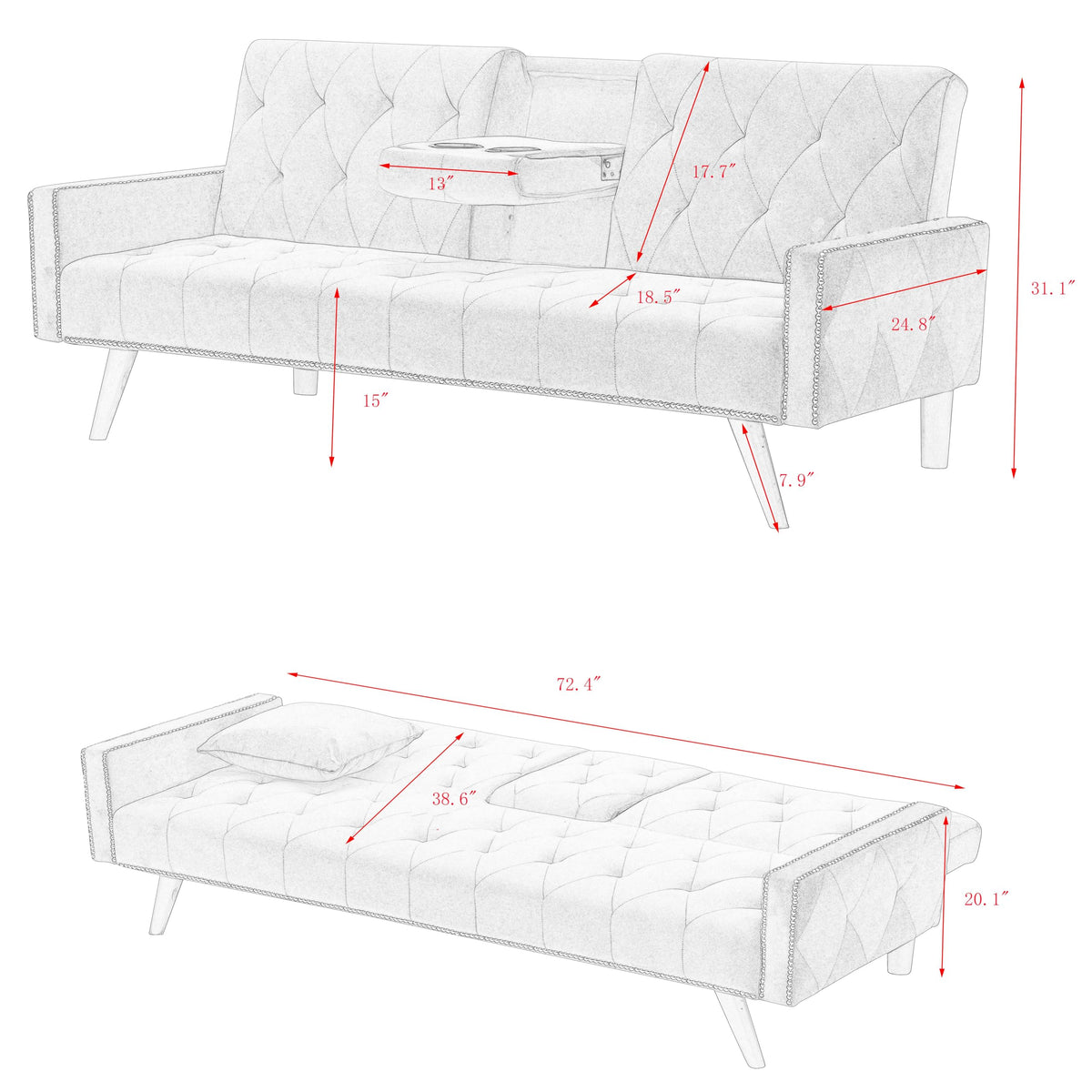 Pink Velvet Convertible Sofa Bed with Cup Holders A735