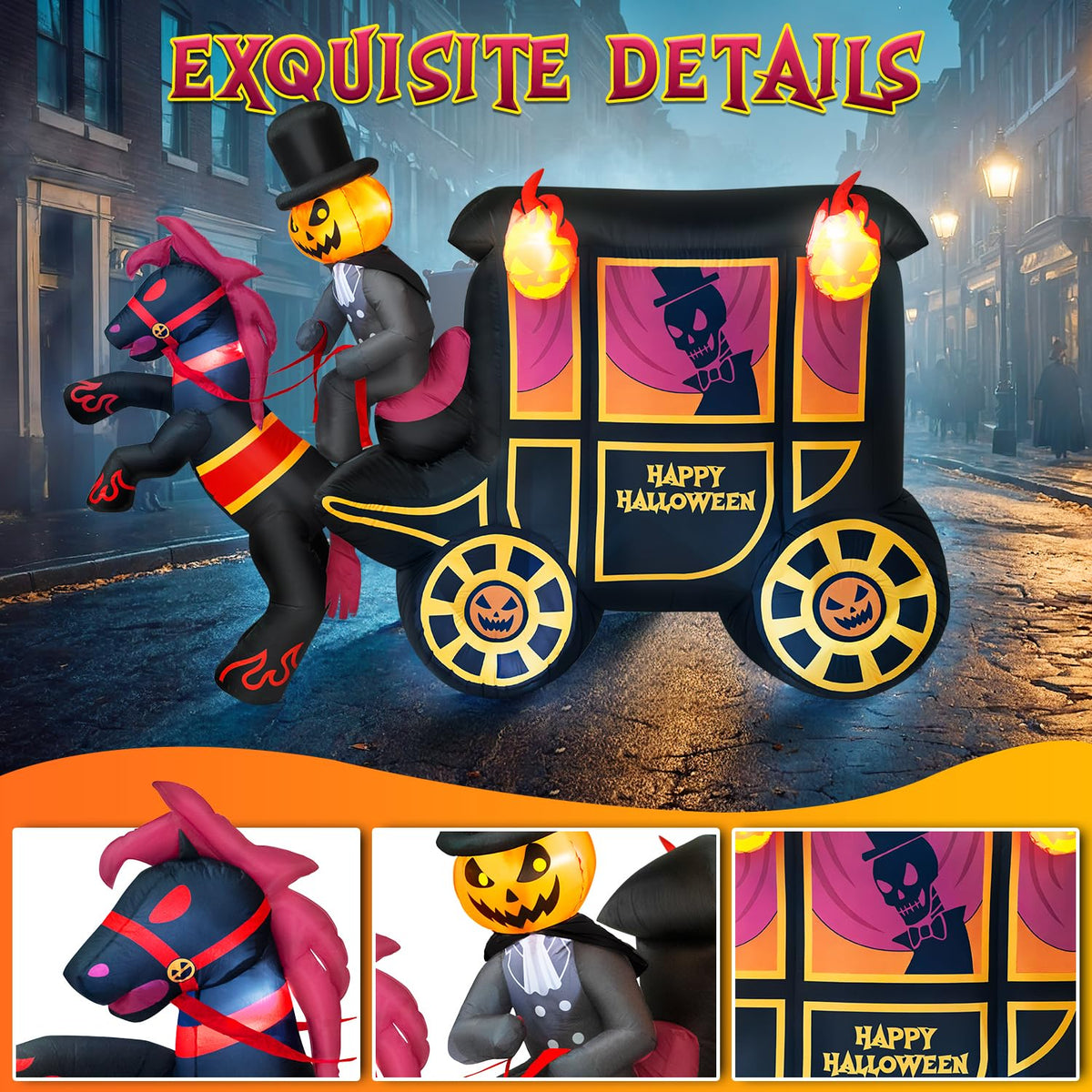 10FT Halloween Inflatable Pumpkin-Headed Horse Carriage with LED Light V20847