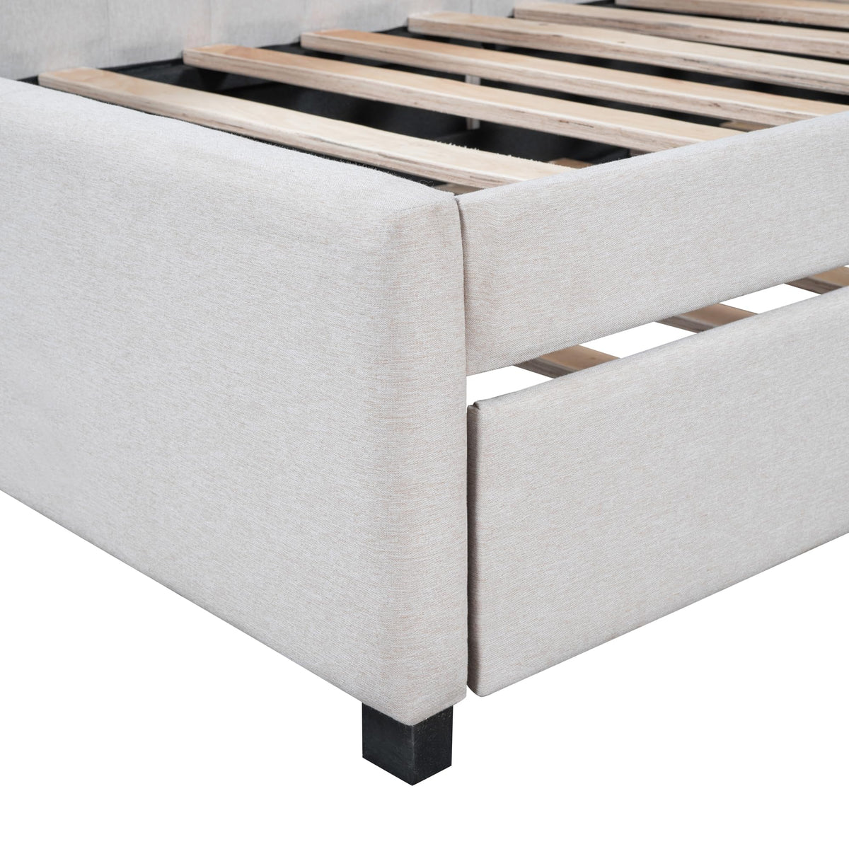Twin Size Upholstered Daybed with Trundle Linen Fabric Wooden Sofa Bed Frame B69326