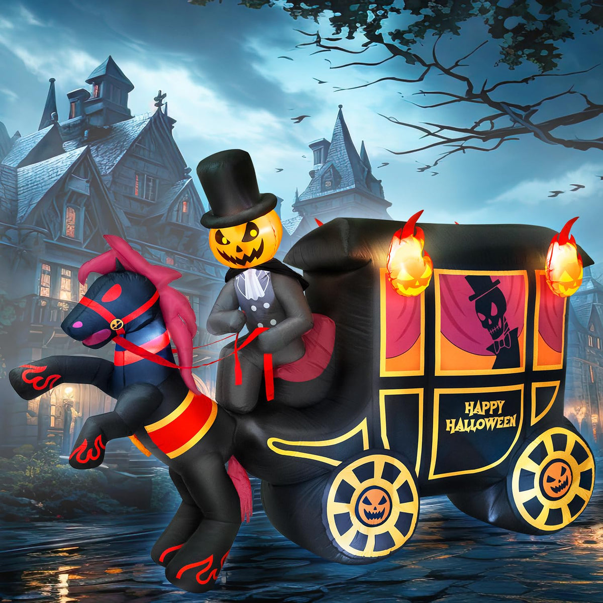 10FT Halloween Inflatable Pumpkin-Headed Horse Carriage with LED Light V20847