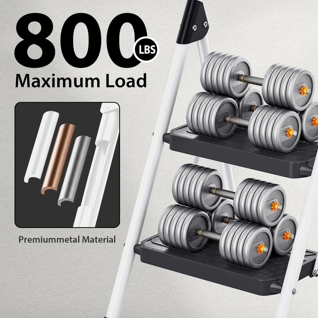 2 Step White Folding Ladder with Anti-Slip Pedals W654093