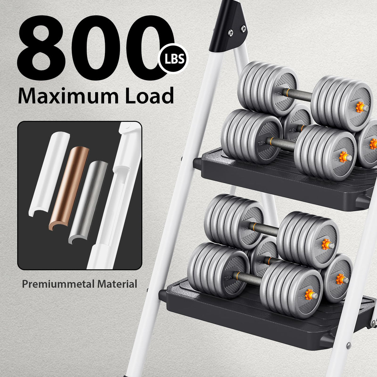 2 Step White Folding Ladder with Anti-Slip Pedals W654093