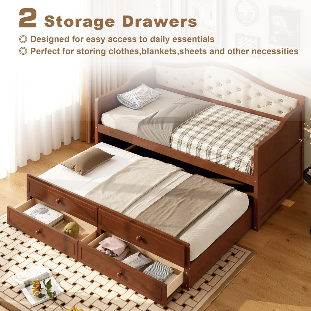 Twin Size Wooden Daybed with Trundle & Storage Drawers U953