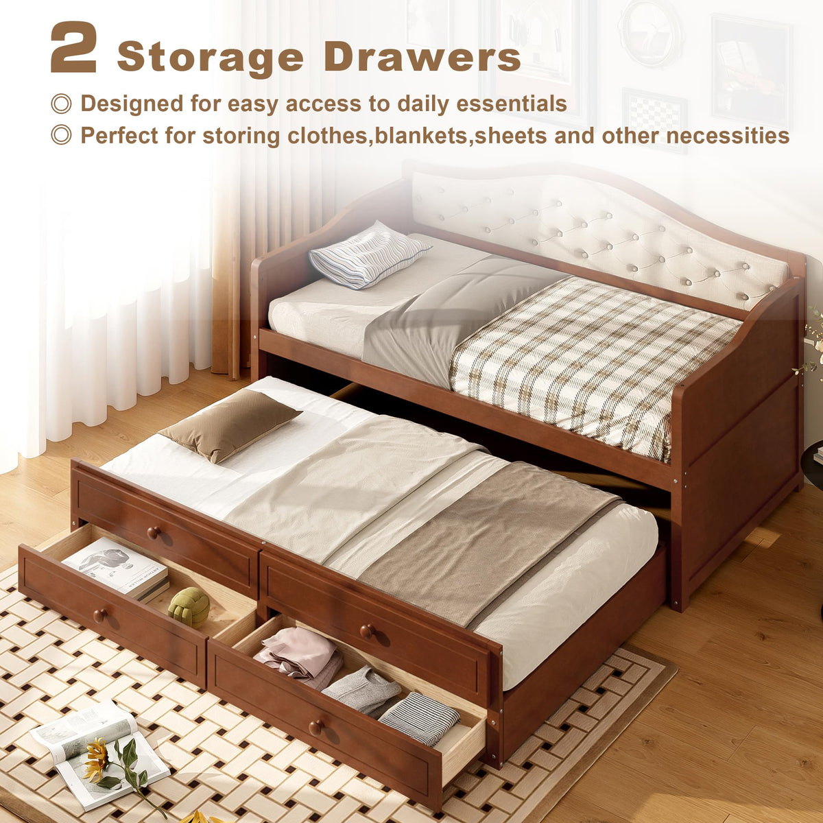 Twin Size Wooden Daybed with Trundle & Storage Drawers U953