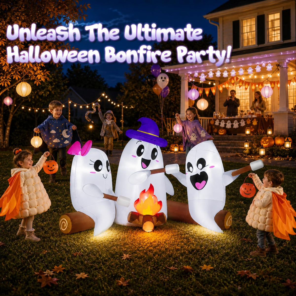 6FT Halloween Inflatables Outdoor Campfire Ghosts with Built-in LEDs H865