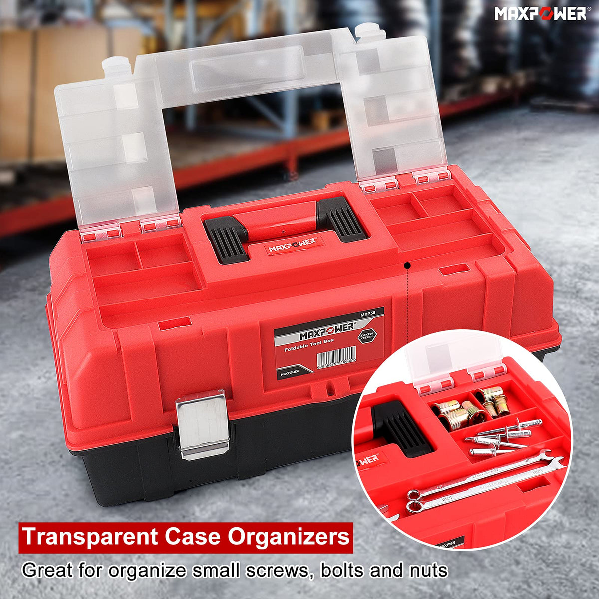 16-Inch Three-Layer Folding Plastic Tool Box with Tray and Dividers R137011