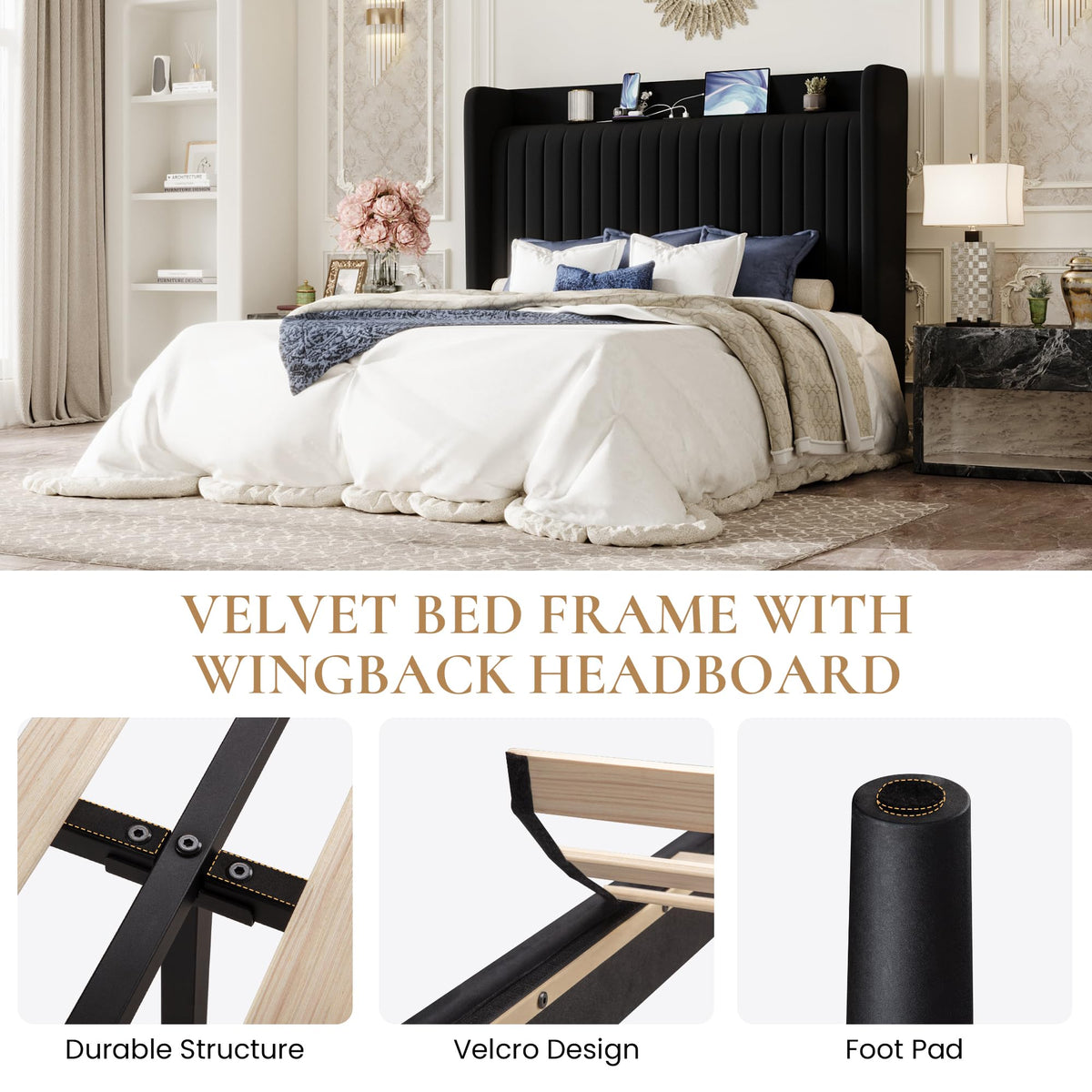Queen Size Black Velvet Bed Frame with Shelf Z619