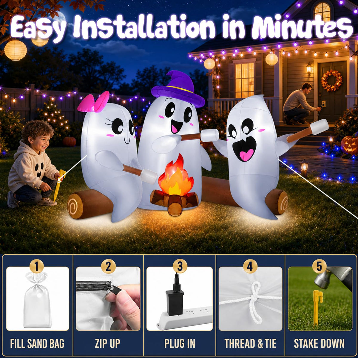 6FT Halloween Inflatables Outdoor Campfire Ghosts with Built-in LEDs H865