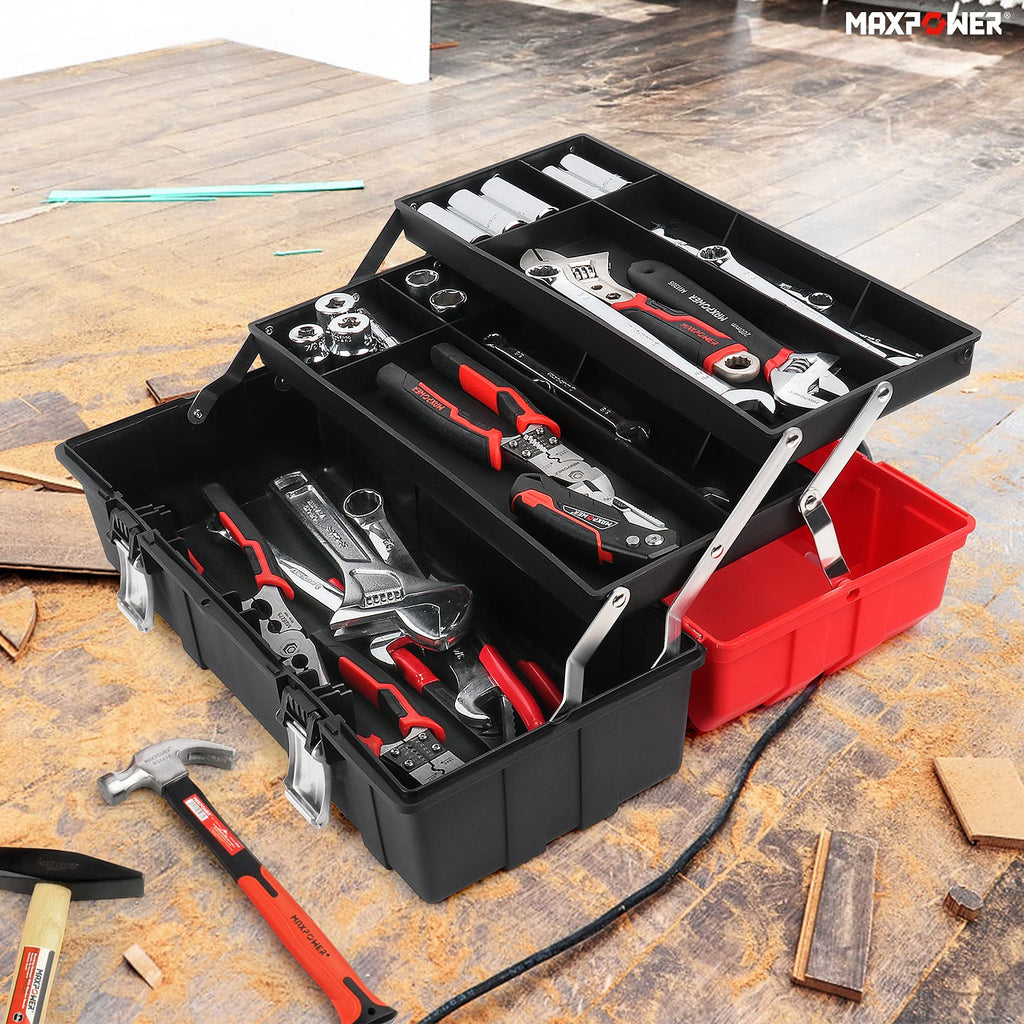 16-Inch Three-Layer Folding Plastic Tool Box with Tray and Dividers R137011
