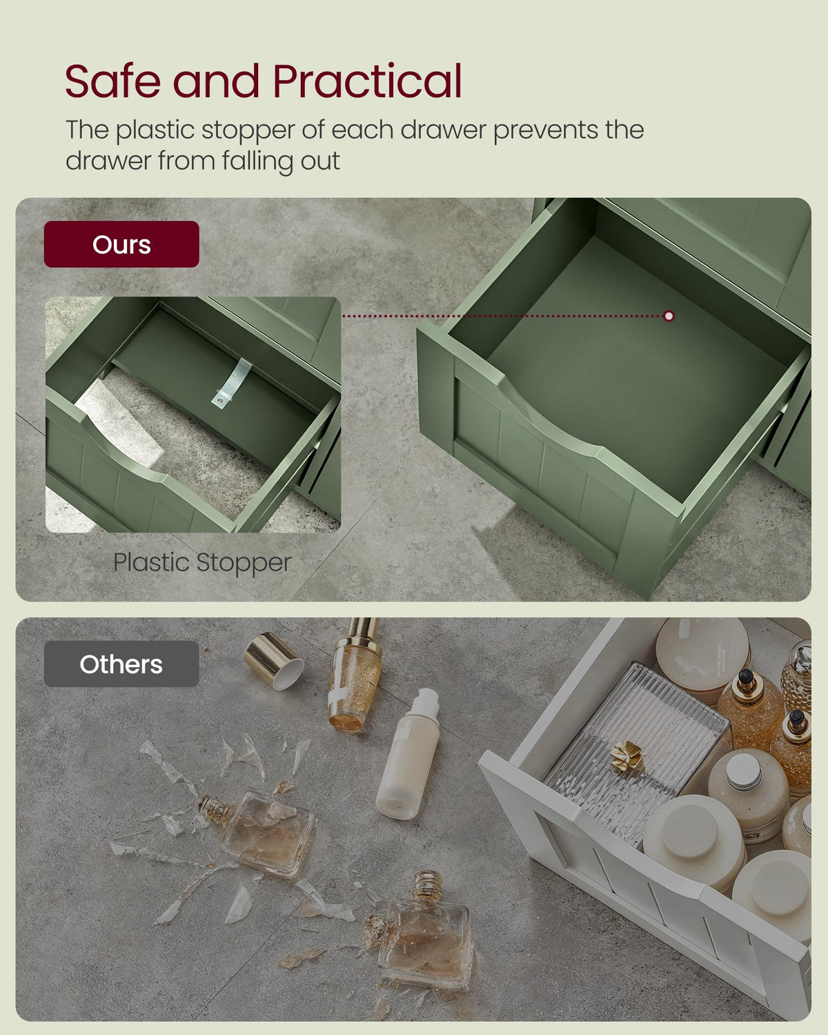 Forest Green 3 Drawer Bathroom Floor Storage Cabinet S782174