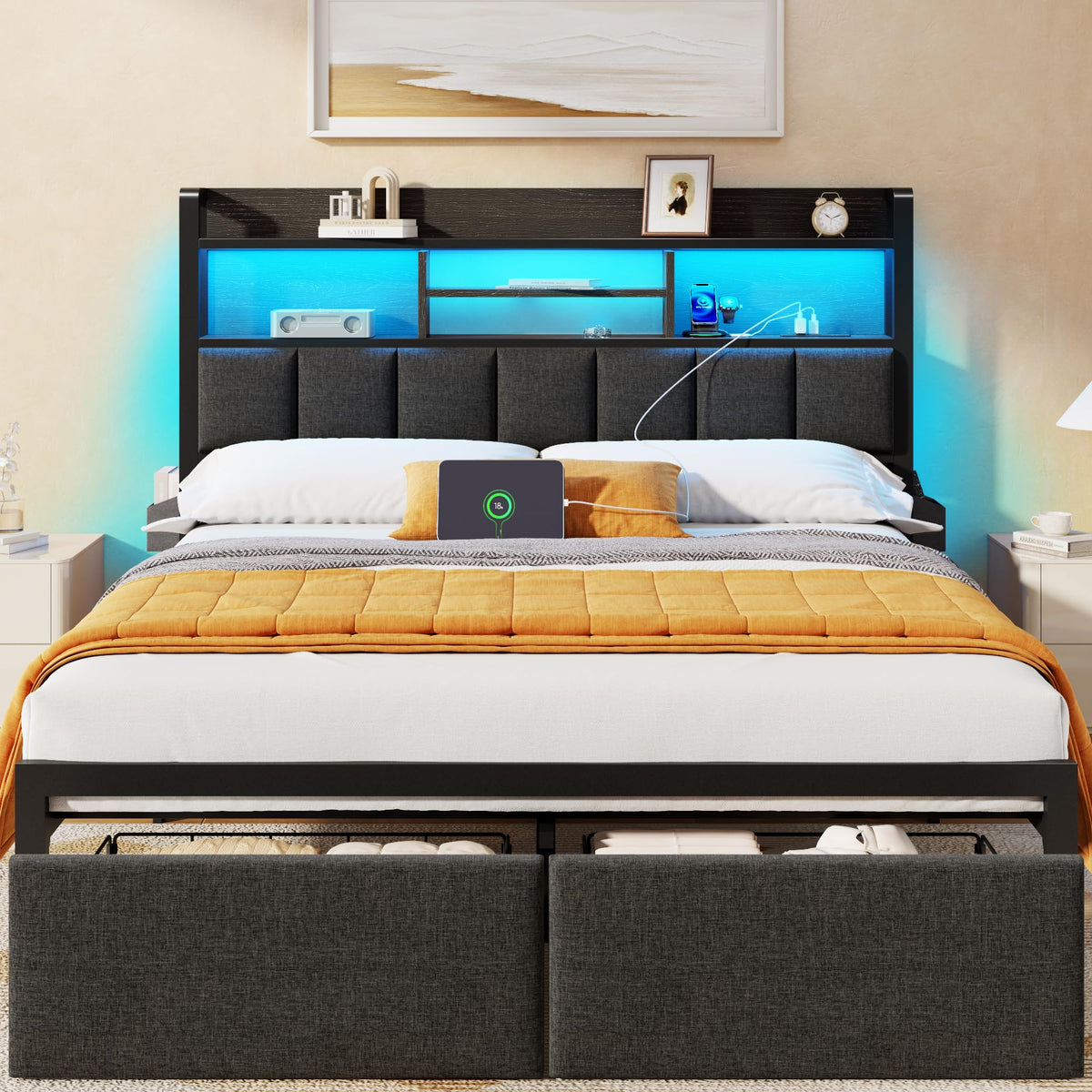 Full Size Bed Frame with Headboard and Drawers Y50373