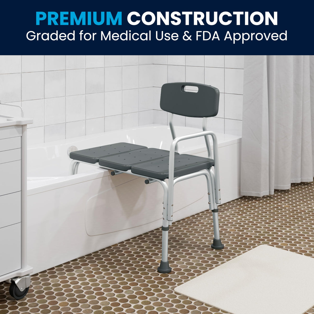 Adjustable Gray Bath & Shower Transfer Bench with Back and Side Arm Y217